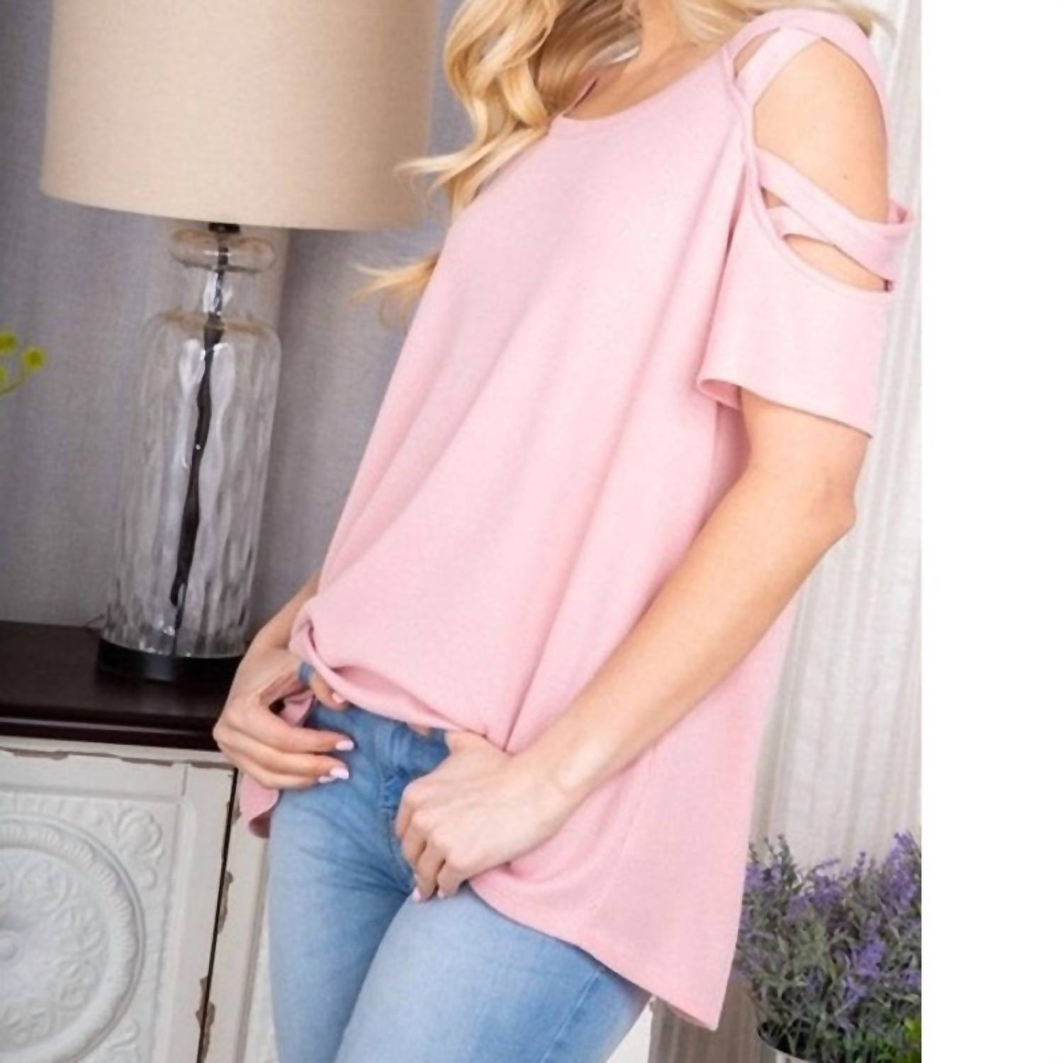 Heimish Usa - Crisscross Cold Shoulder Solid Top - blouses - clothing - pink