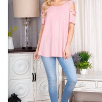 Heimish Usa - Crisscross Cold Shoulder Solid Top - blouses - clothing - pink