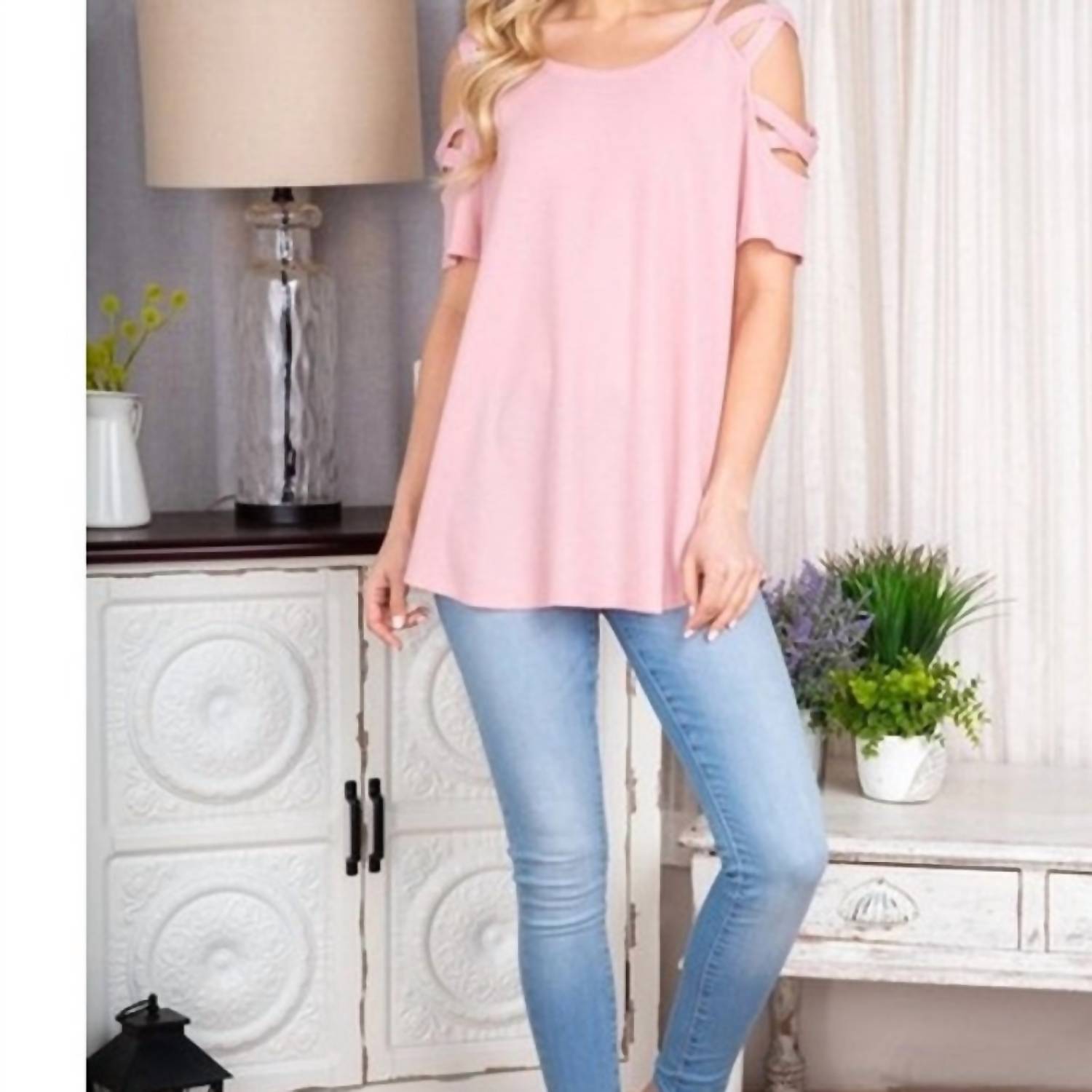 Heimish Usa - Crisscross Cold Shoulder Solid Top - blouses - clothing - pink