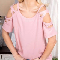 Heimish Usa - Crisscross Cold Shoulder Solid Top - blouses - clothing - pink
