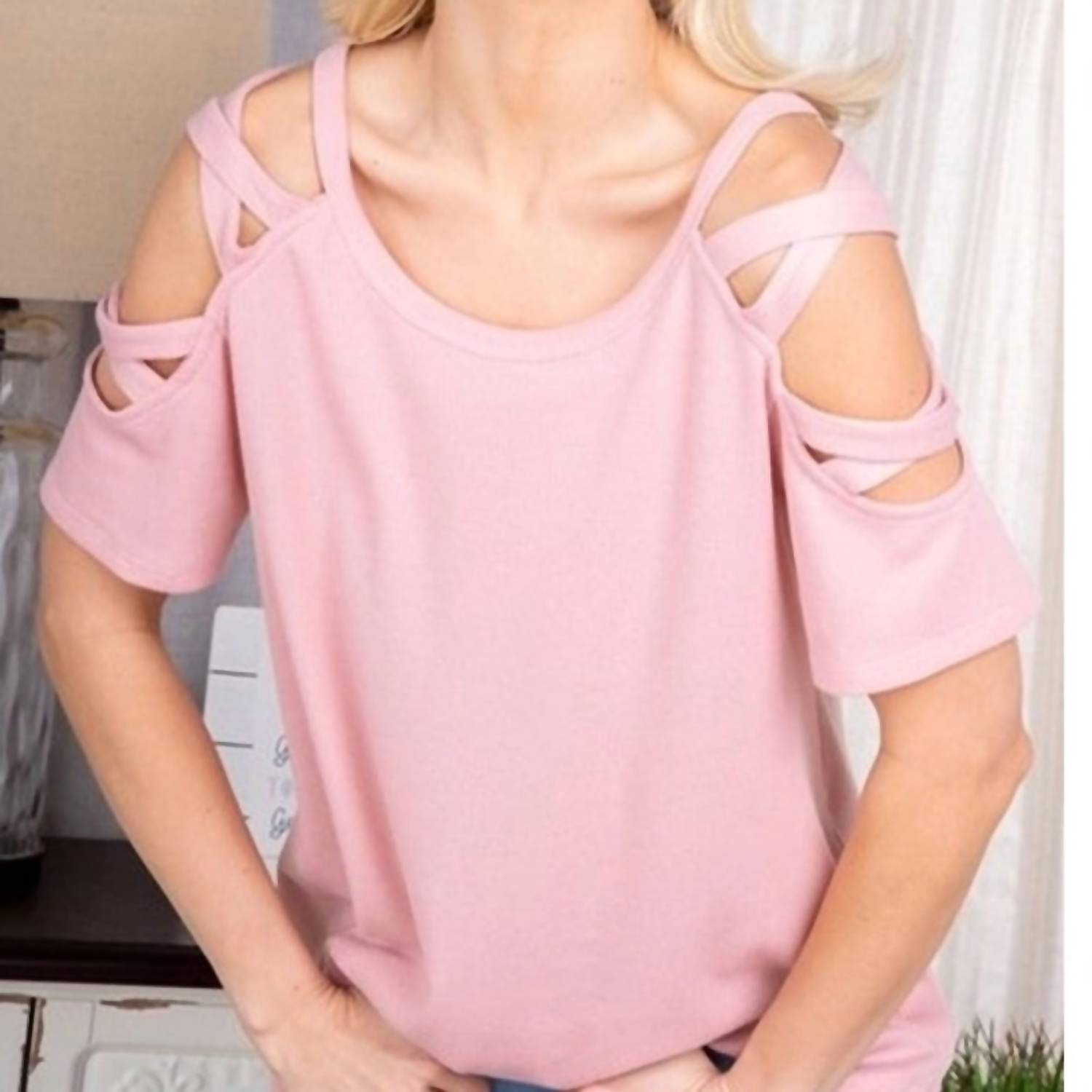 Heimish Usa - Crisscross Cold Shoulder Solid Top - blouses - clothing - pink