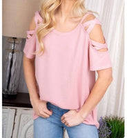 Heimish Usa - Crisscross Cold Shoulder Solid Top - blouses - clothing - pink