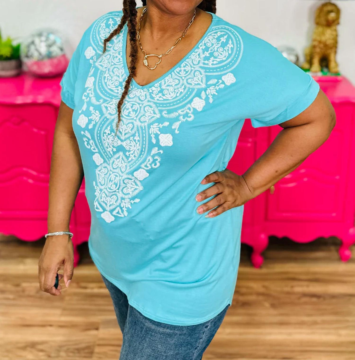 Heimish Usa - Damask Print Short Sleeve Top