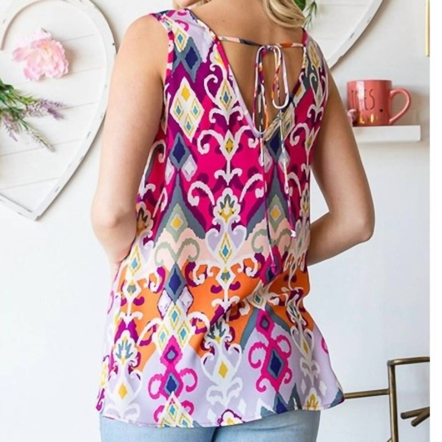 Heimish Usa - Flare V - neck Top With Self Tie Back - blouses - clothing - patterned