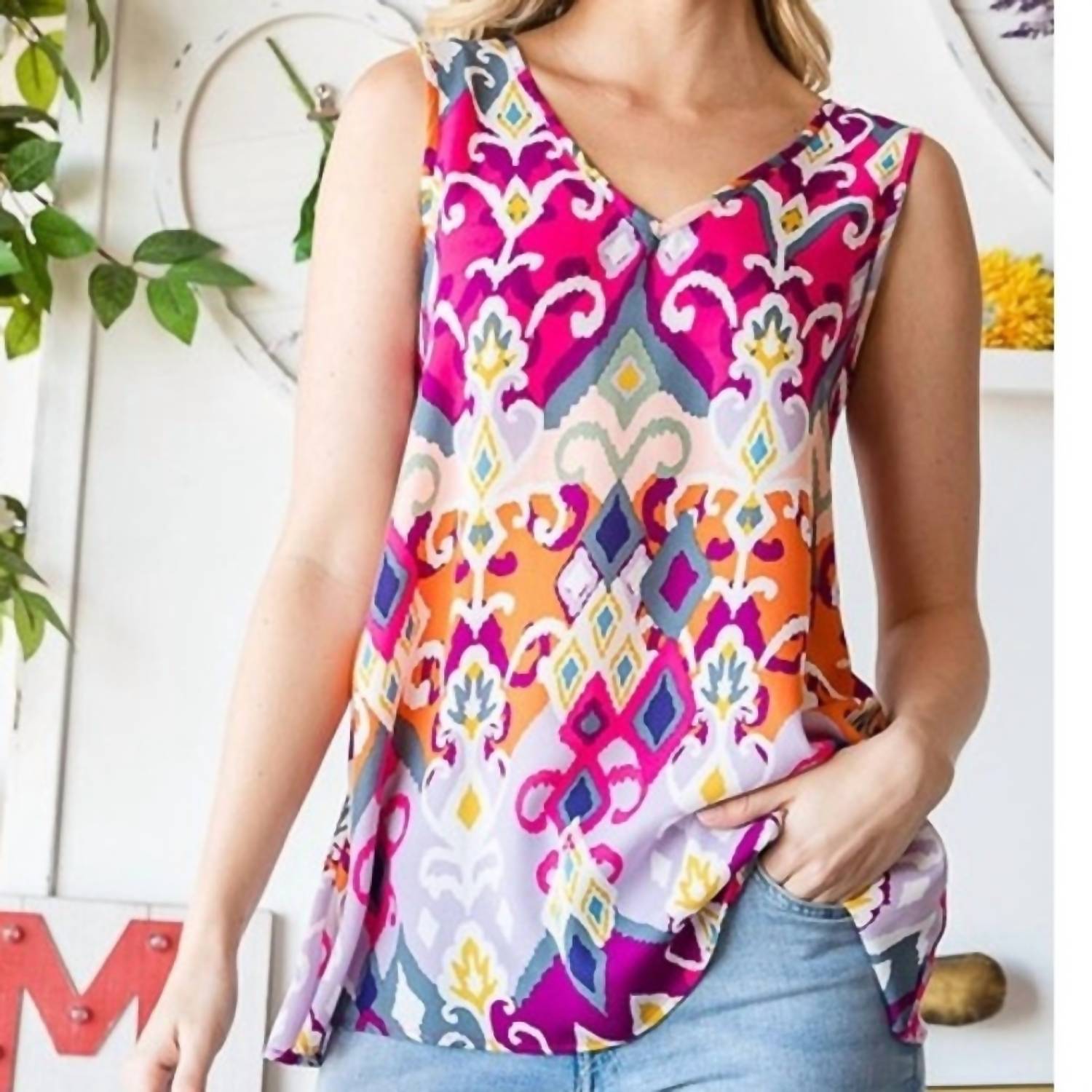 Heimish Usa - Flare V - neck Top With Self Tie Back - blouses - clothing - patterned