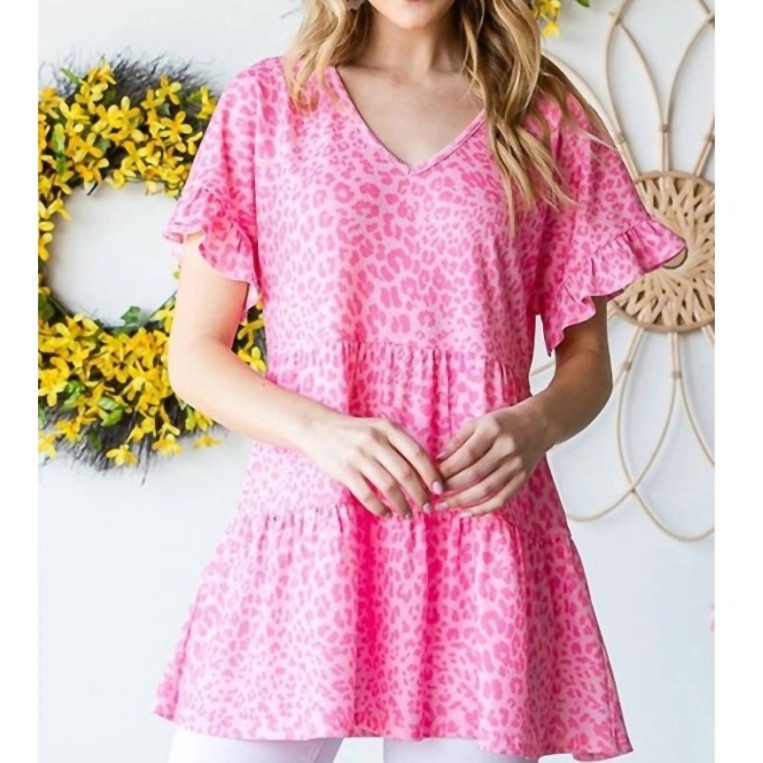 Heimish Usa - Leopard Tiered Short Sleeve Top - animal - blouses - clothing