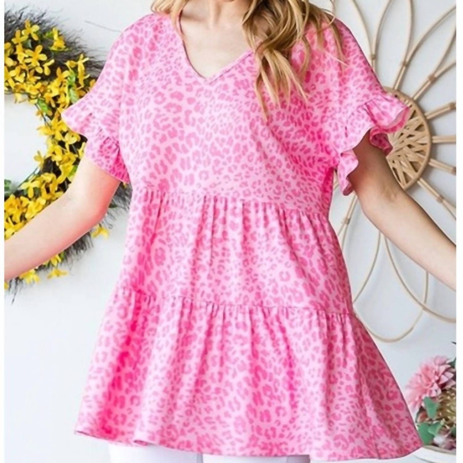 Heimish Usa - Leopard Tiered Short Sleeve Top - animal - blouses - clothing