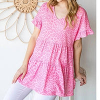 Heimish Usa - Leopard Tiered Short Sleeve Top - animal - blouses - clothing