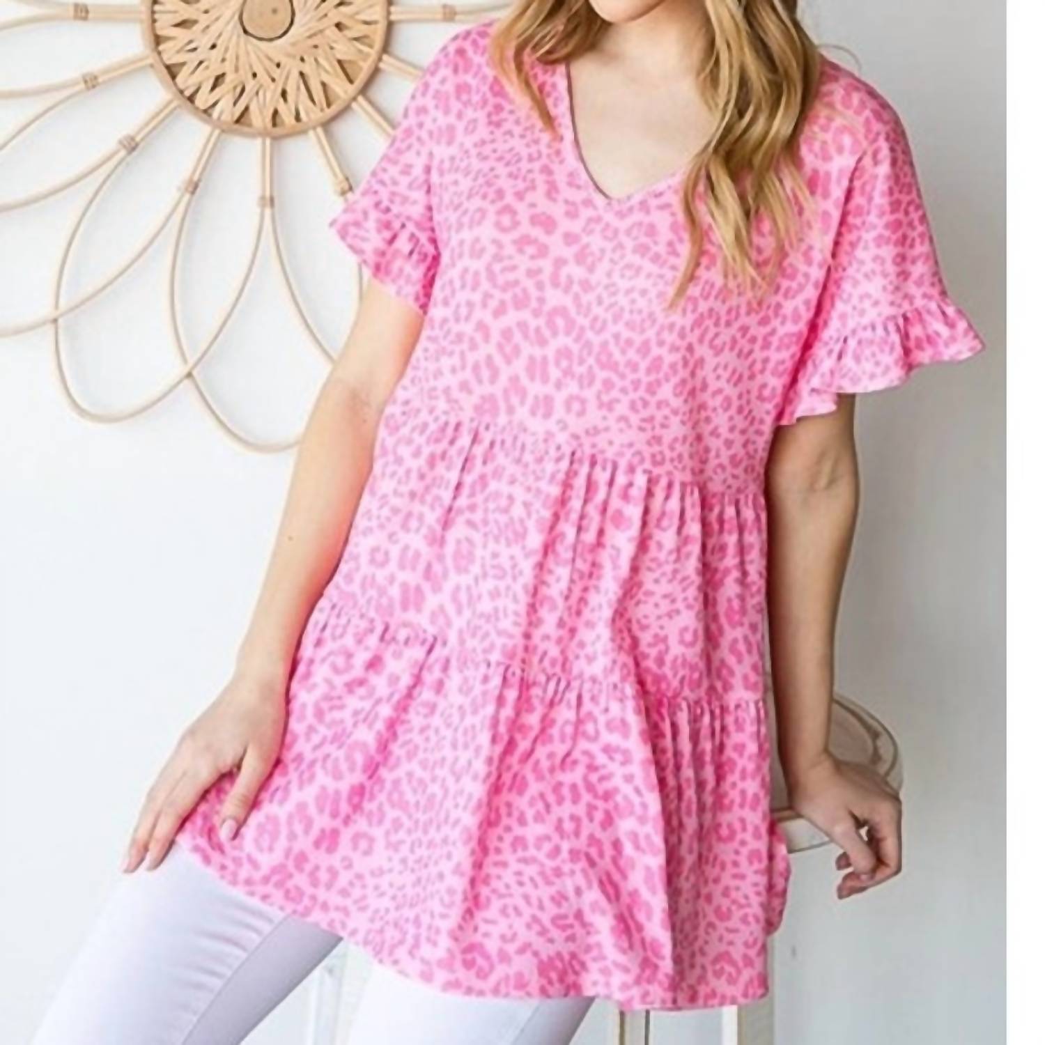 Heimish Usa - Leopard Tiered Short Sleeve Top - animal - blouses - clothing