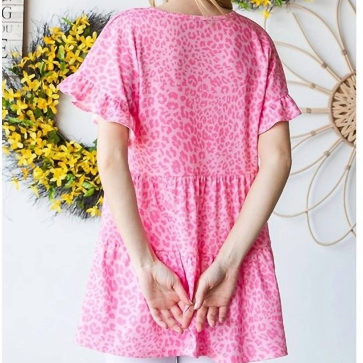 Heimish Usa - Leopard Tiered Short Sleeve Top - animal - blouses - clothing