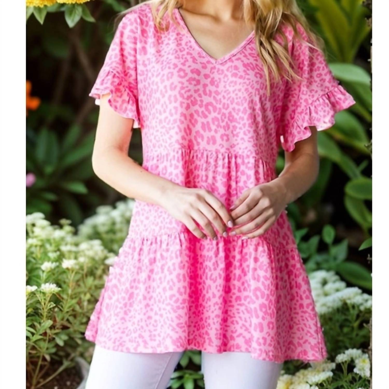 Heimish Usa - Leopard Tiered Short Sleeve Top - animal - blouses - clothing