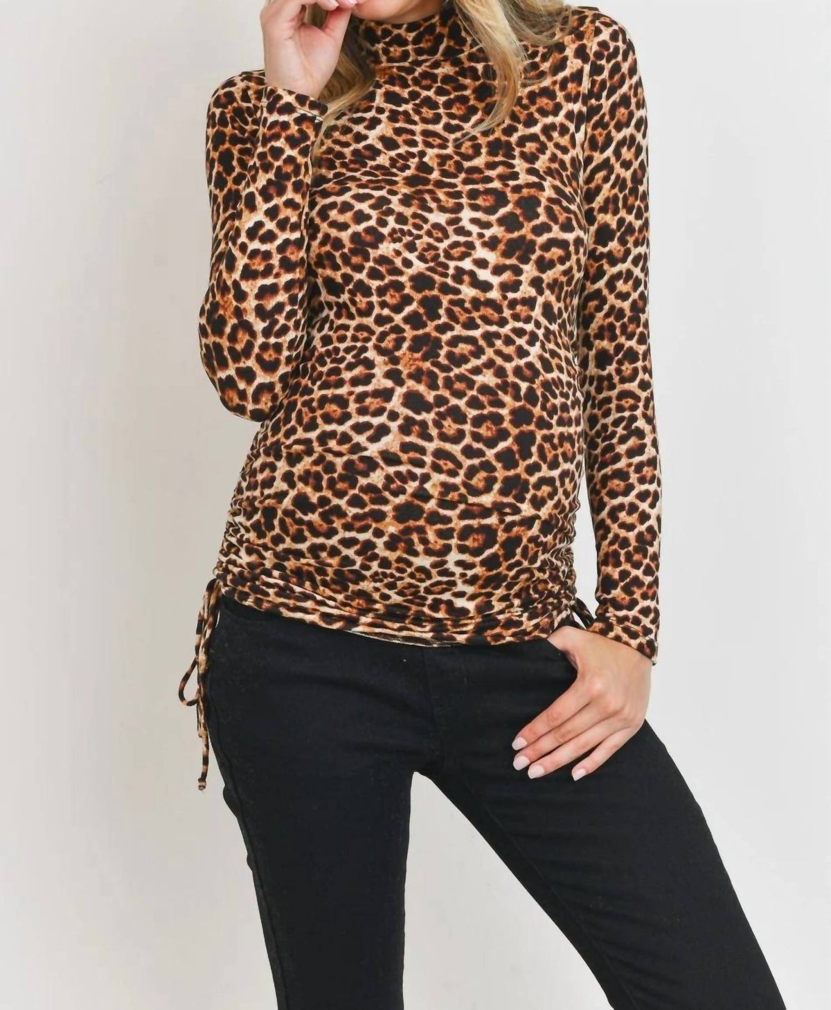 Hello Miz - Ruched Leopard Maternity Mock Neck Top