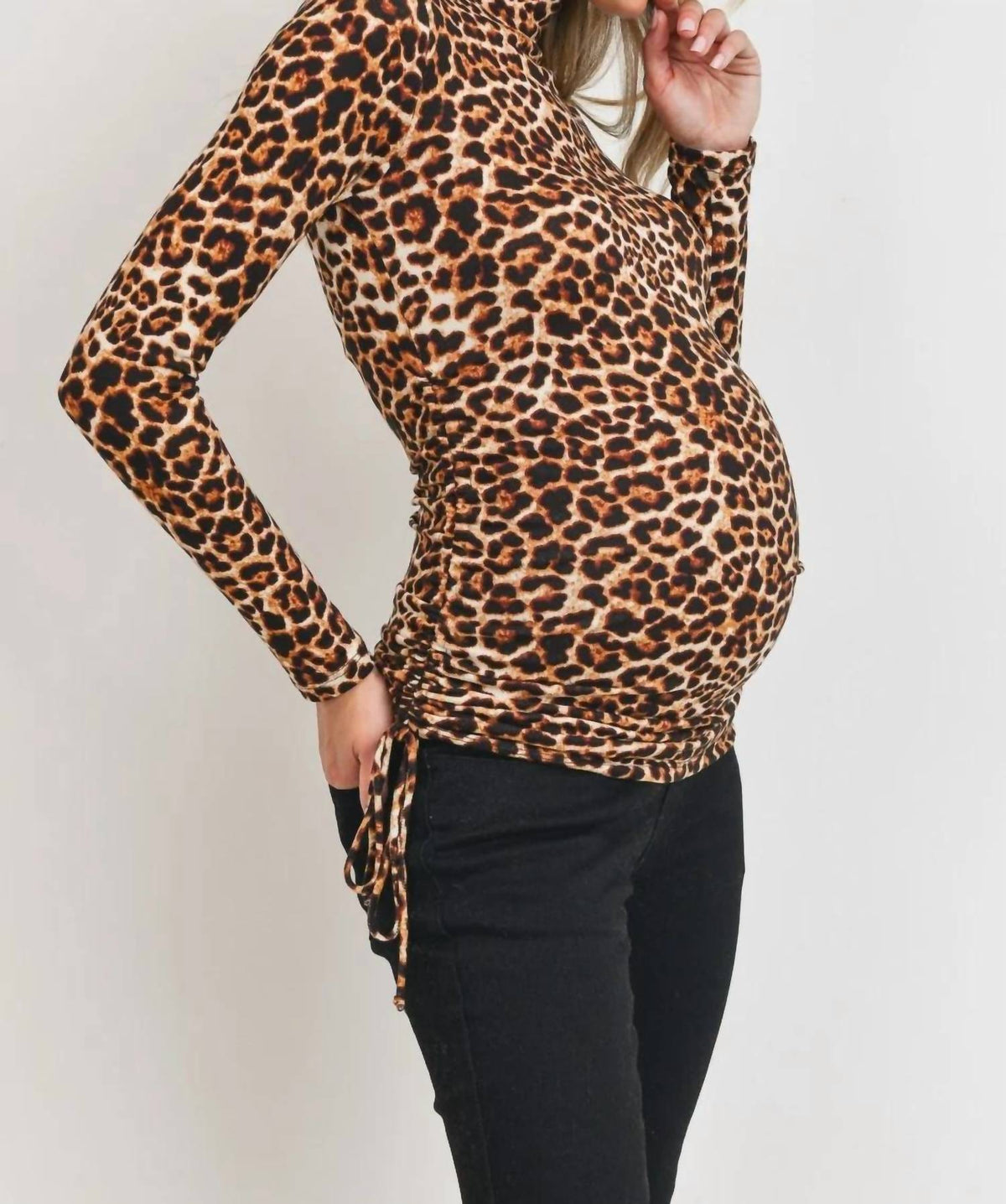 Hello Miz - Ruched Leopard Maternity Mock Neck Top