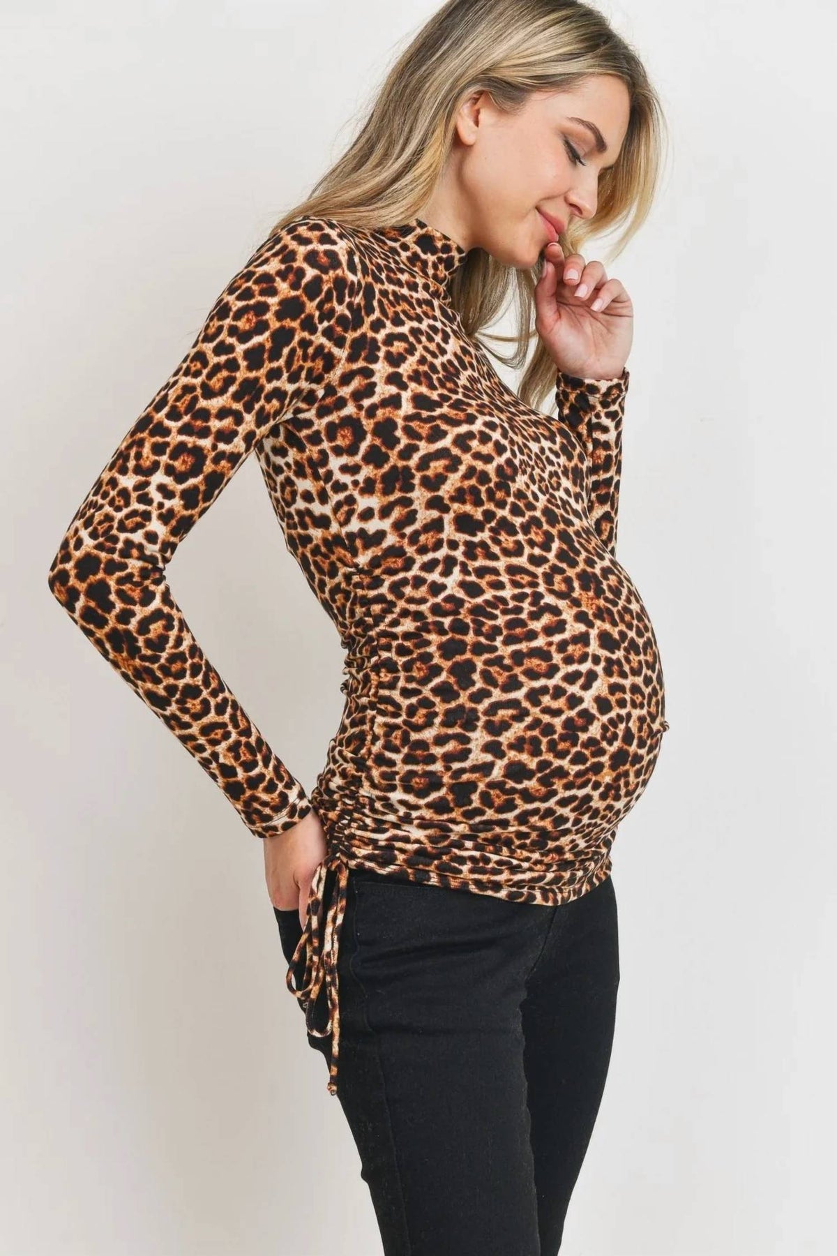Hello Miz - Ruched Leopard Maternity Mock Neck Top