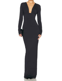 Helsa - Jersey Deep V Neck Maxi Long Sleeve Dress - black - clothing - dresses