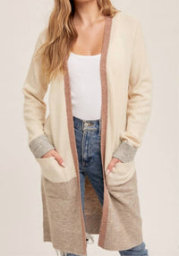 Hem & Thread - Color Block Soft Light Open Midi Cardigan - acrylic - beige - cardigans