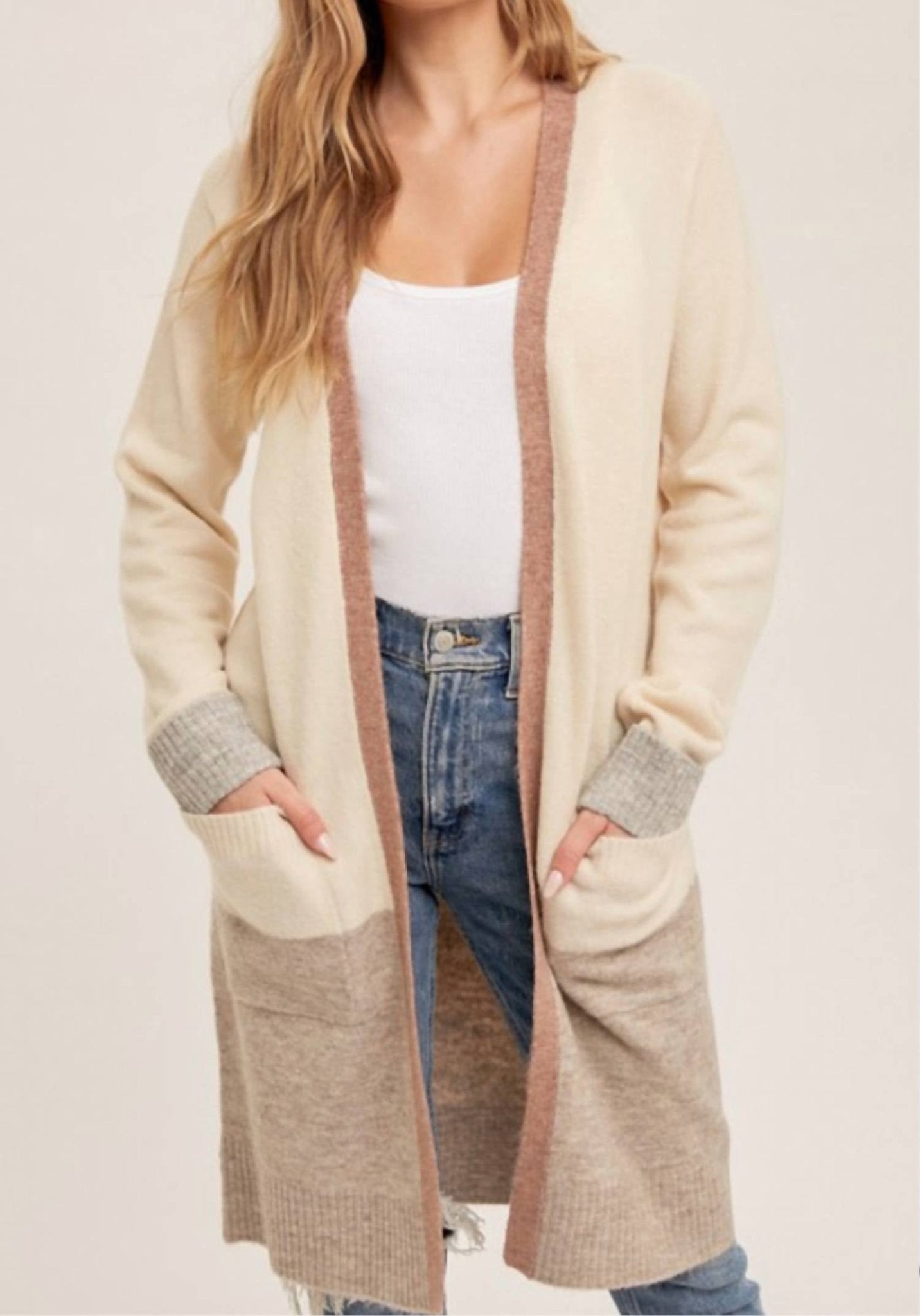Hem & Thread - Color Block Soft Light Open Midi Cardigan - acrylic - beige - cardigans