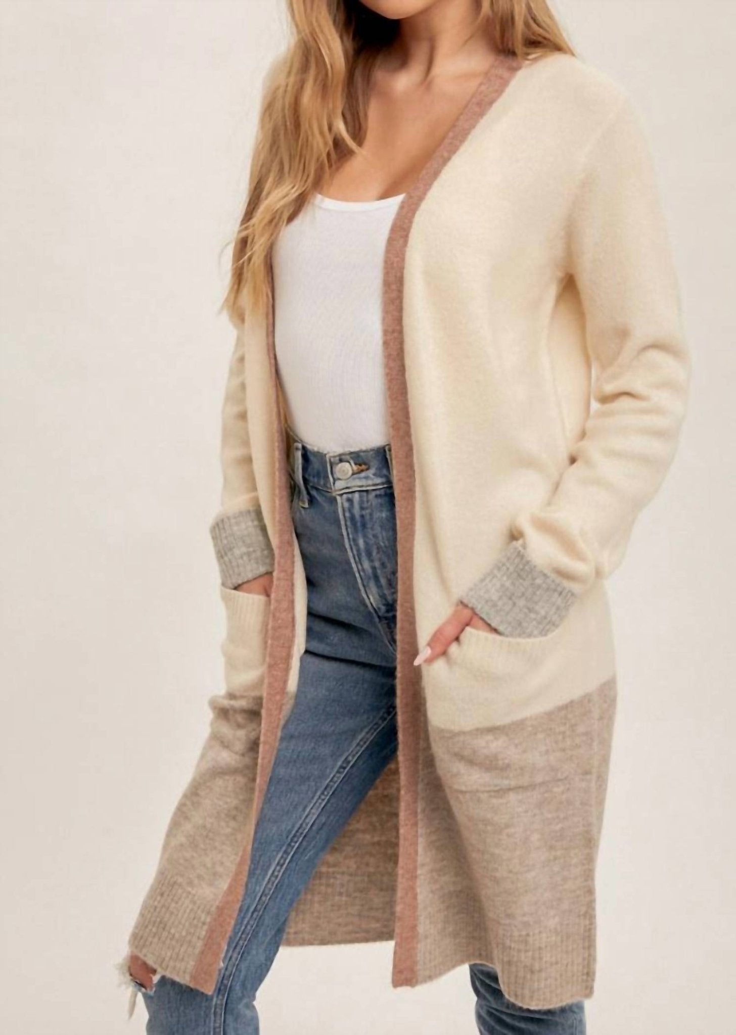 Hem & Thread - Color Block Soft Light Open Midi Cardigan - acrylic - beige - cardigans