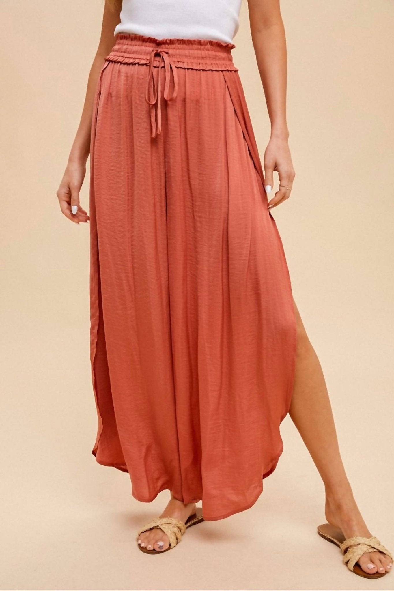 Hem & Thread - Hammered Satin Wide Leg Side Slit Pants - clothing - orange - pants
