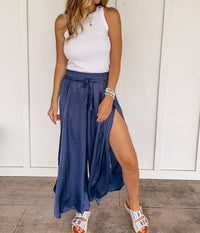 Hem & Thread - Hammered Satin Wide Leg Side Slit Pants - blue - clothing - pants