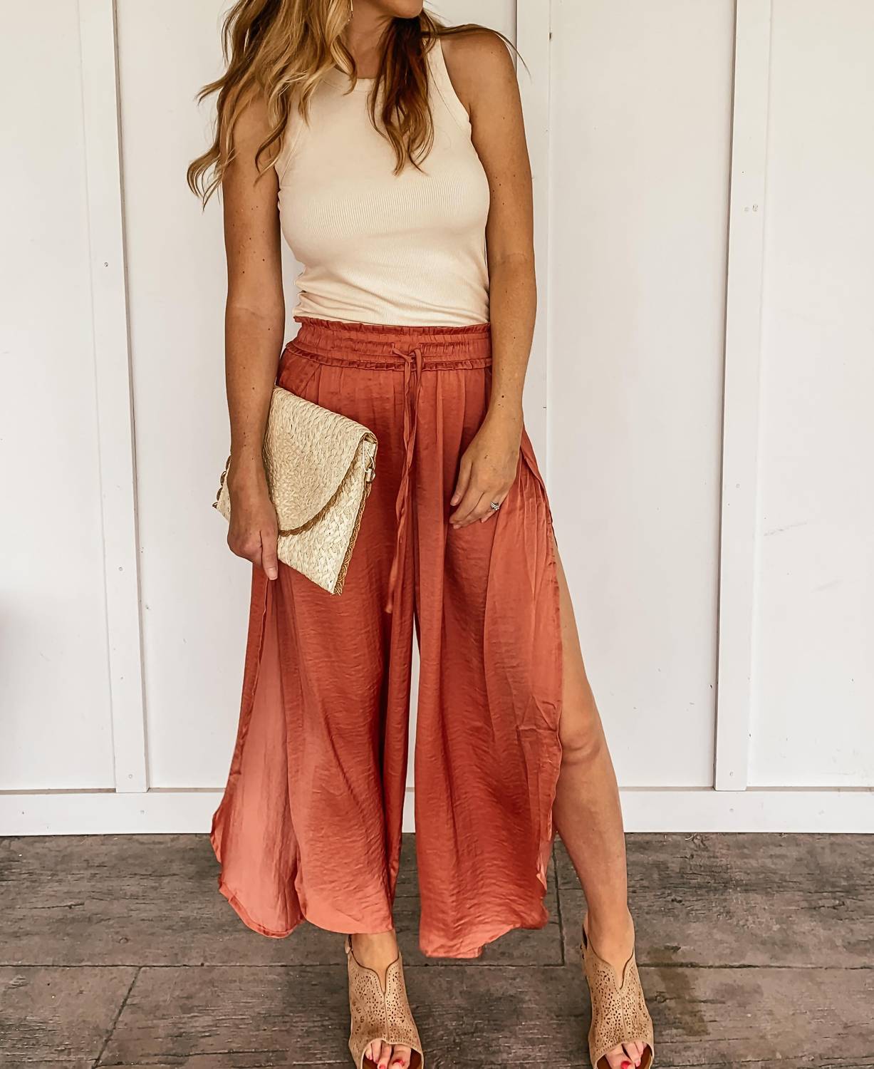 Hem & Thread - Hammered Satin Wide Leg Side Slit Pants - clothing - orange - pants