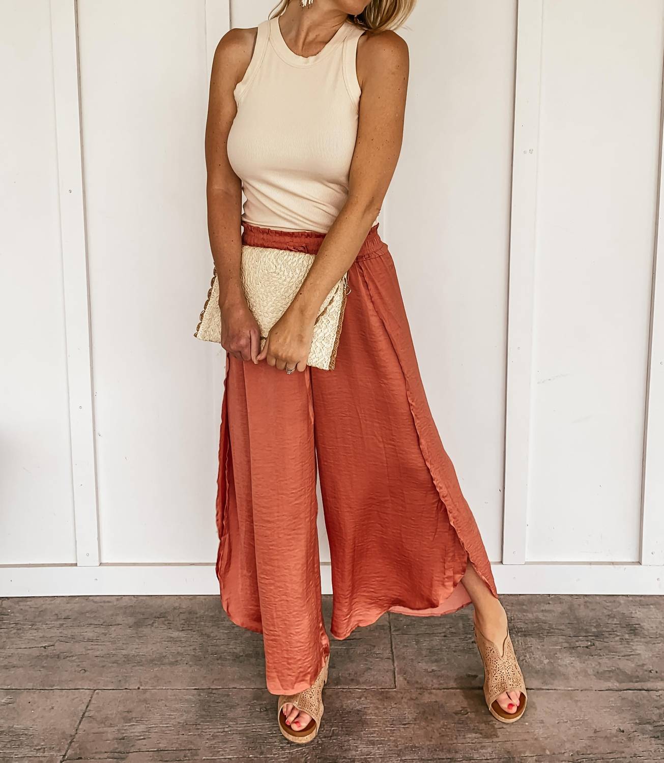 Hem & Thread - Hammered Satin Wide Leg Side Slit Pants - clothing - orange - pants