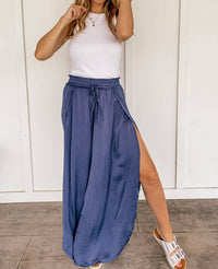 Hem & Thread - Hammered Satin Wide Leg Side Slit Pants - blue - clothing - pants