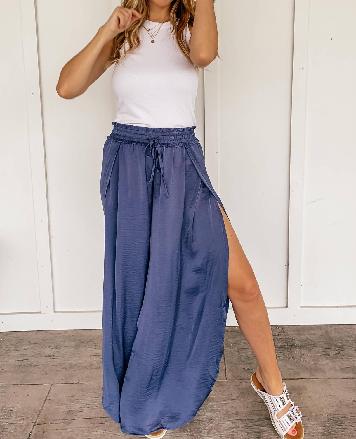 Hem & Thread - Hammered Satin Wide Leg Side Slit Pants - blue - clothing - pants