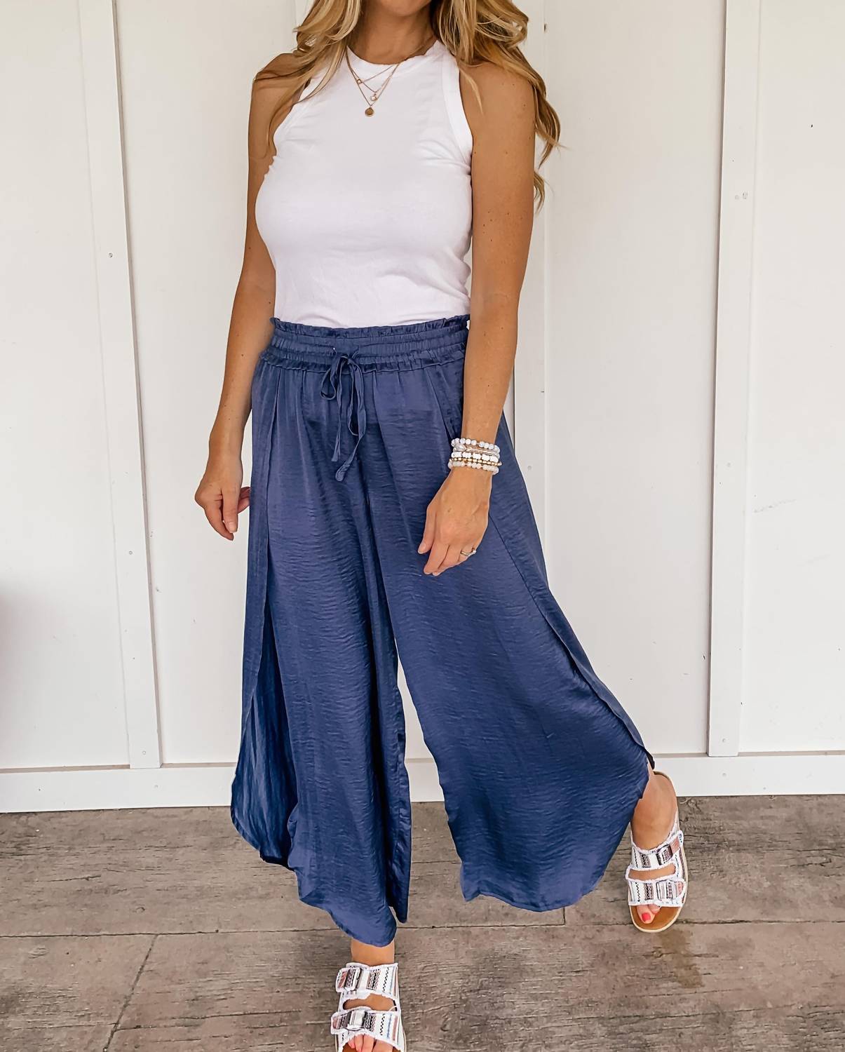 Hem & Thread - Hammered Satin Wide Leg Side Slit Pants - blue - clothing - pants