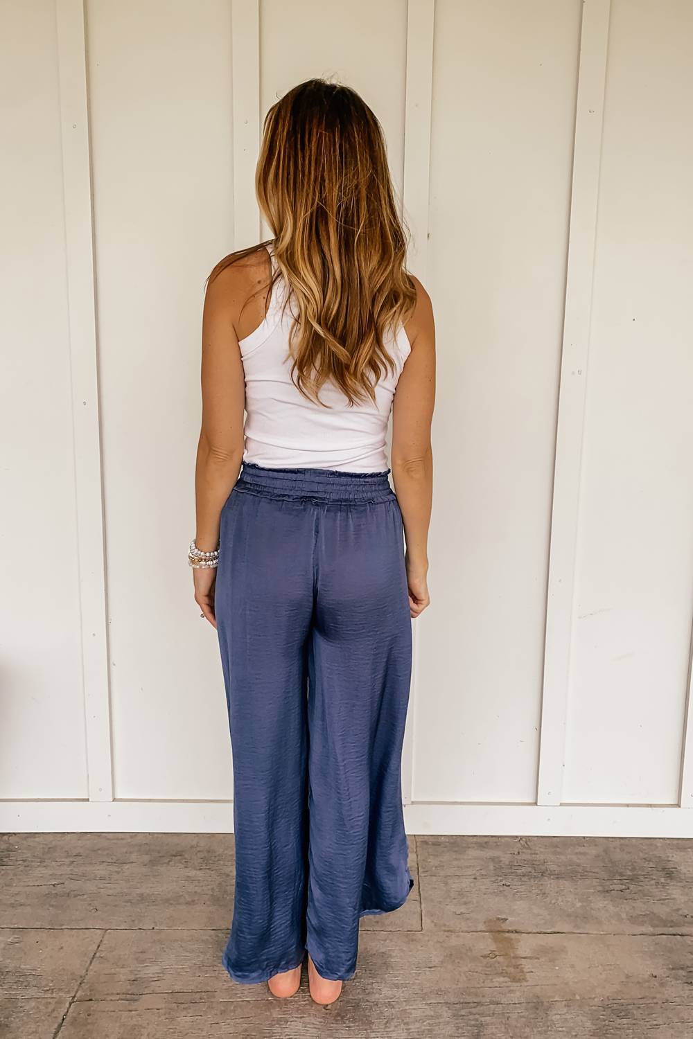 Hem & Thread - Hammered Satin Wide Leg Side Slit Pants - blue - clothing - pants