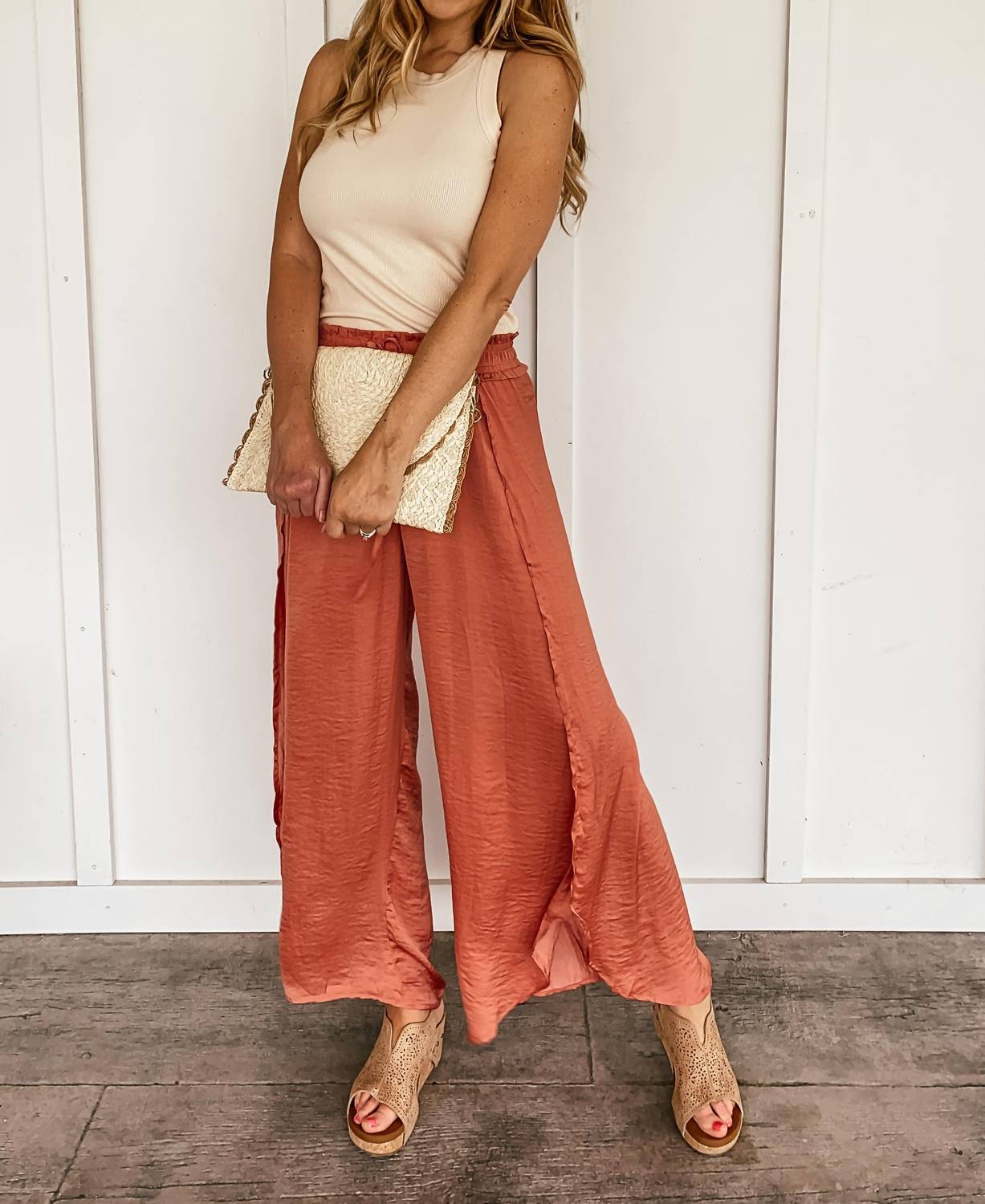 Hem & Thread - Hammered Satin Wide Leg Side Slit Pants - clothing - orange - pants