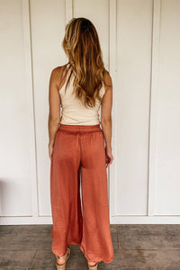 Hem & Thread - Hammered Satin Wide Leg Side Slit Pants - clothing - orange - pants