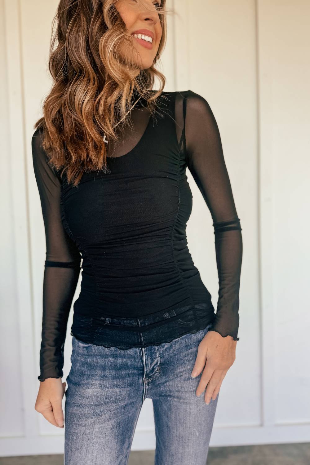 Hem & Thread - Little Number Mesh Mock Neck Top - black - blouses - clothing