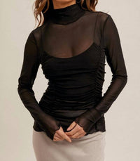 Hem & Thread - Little Number Mesh Mock Neck Top - black - blouses - clothing