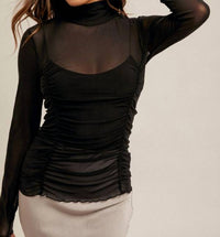 Hem & Thread - Little Number Mesh Mock Neck Top - black - blouses - clothing