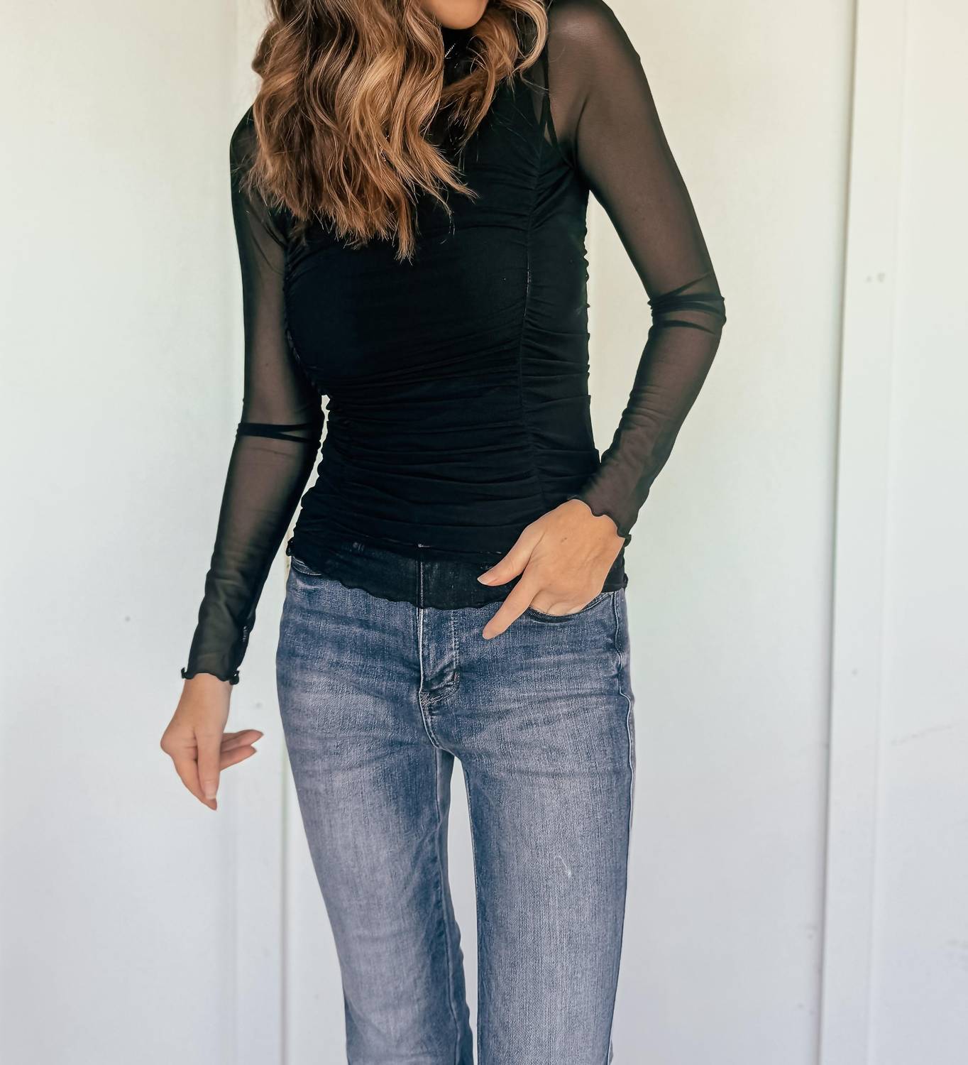 Hem & Thread - Little Number Mesh Mock Neck Top - black - blouses - clothing