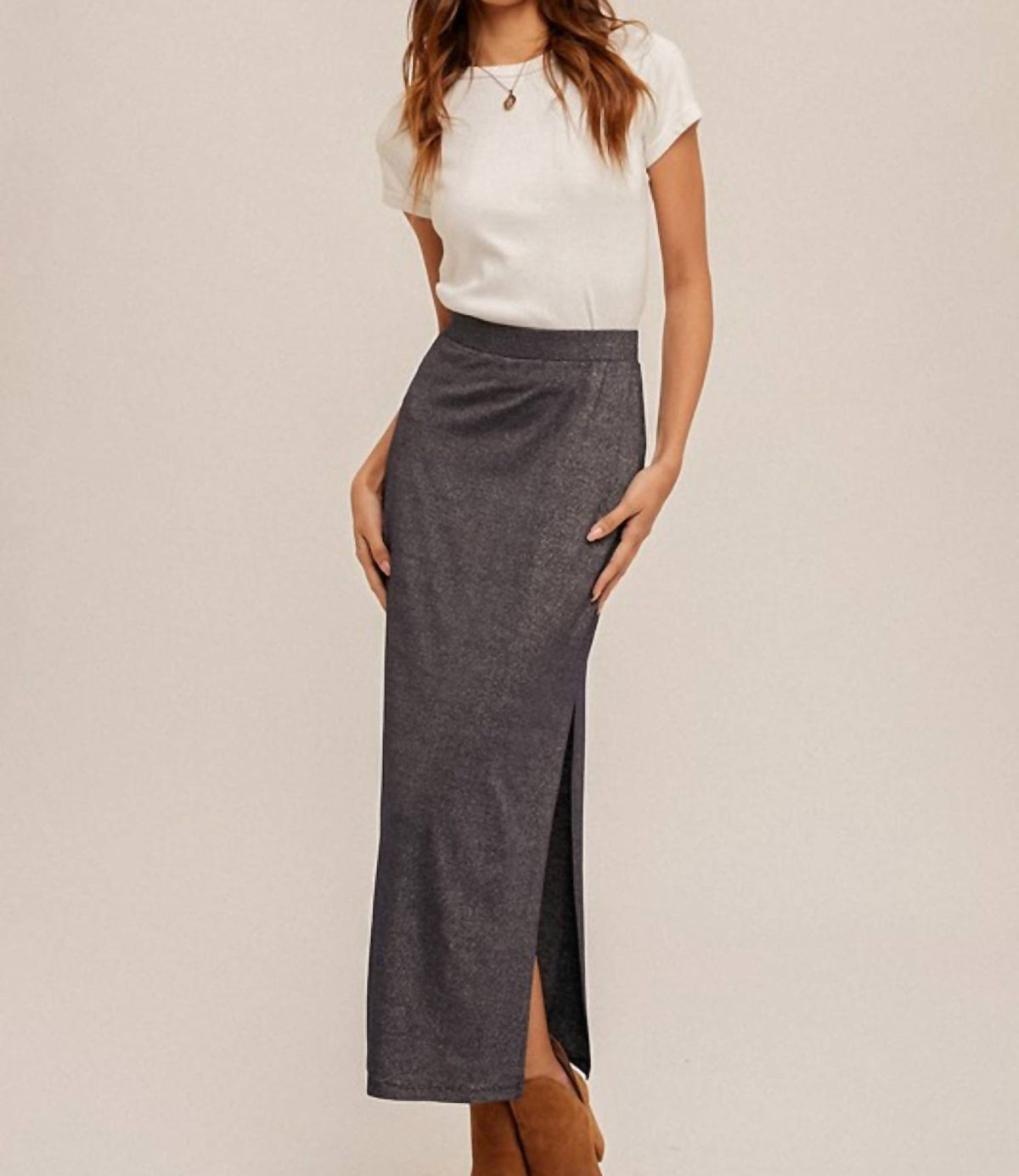 Hem & Thread - Lurex Jersey Slit Hem Maxi Skirt