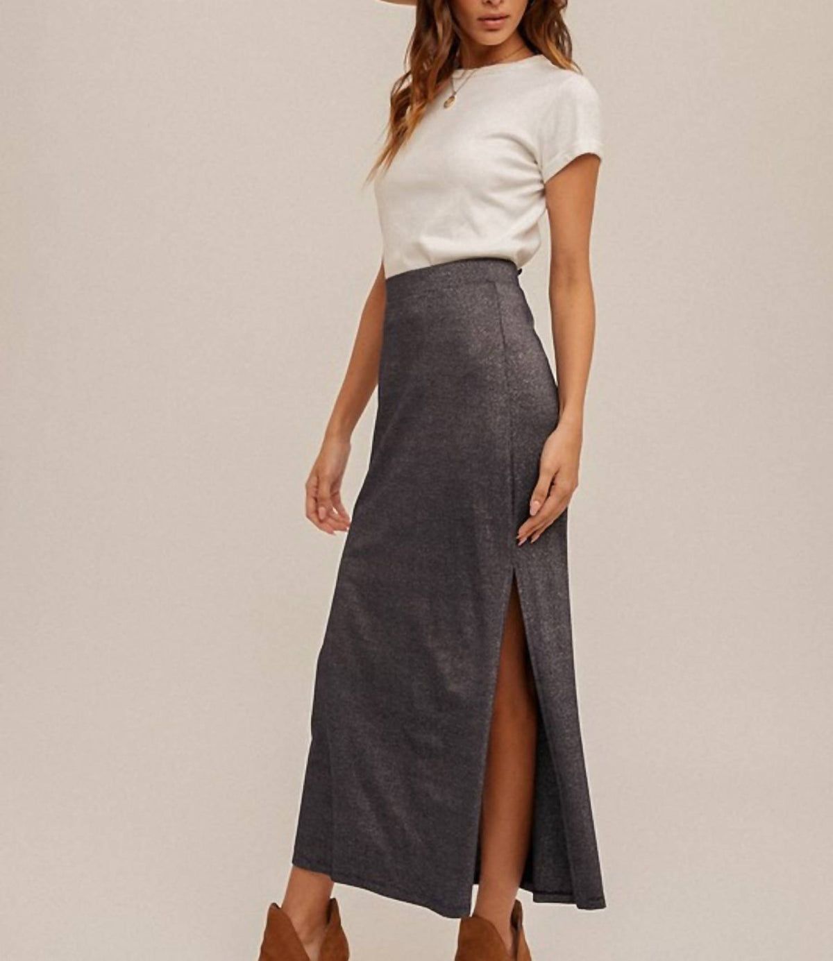 Hem & Thread - Lurex Jersey Slit Hem Maxi Skirt