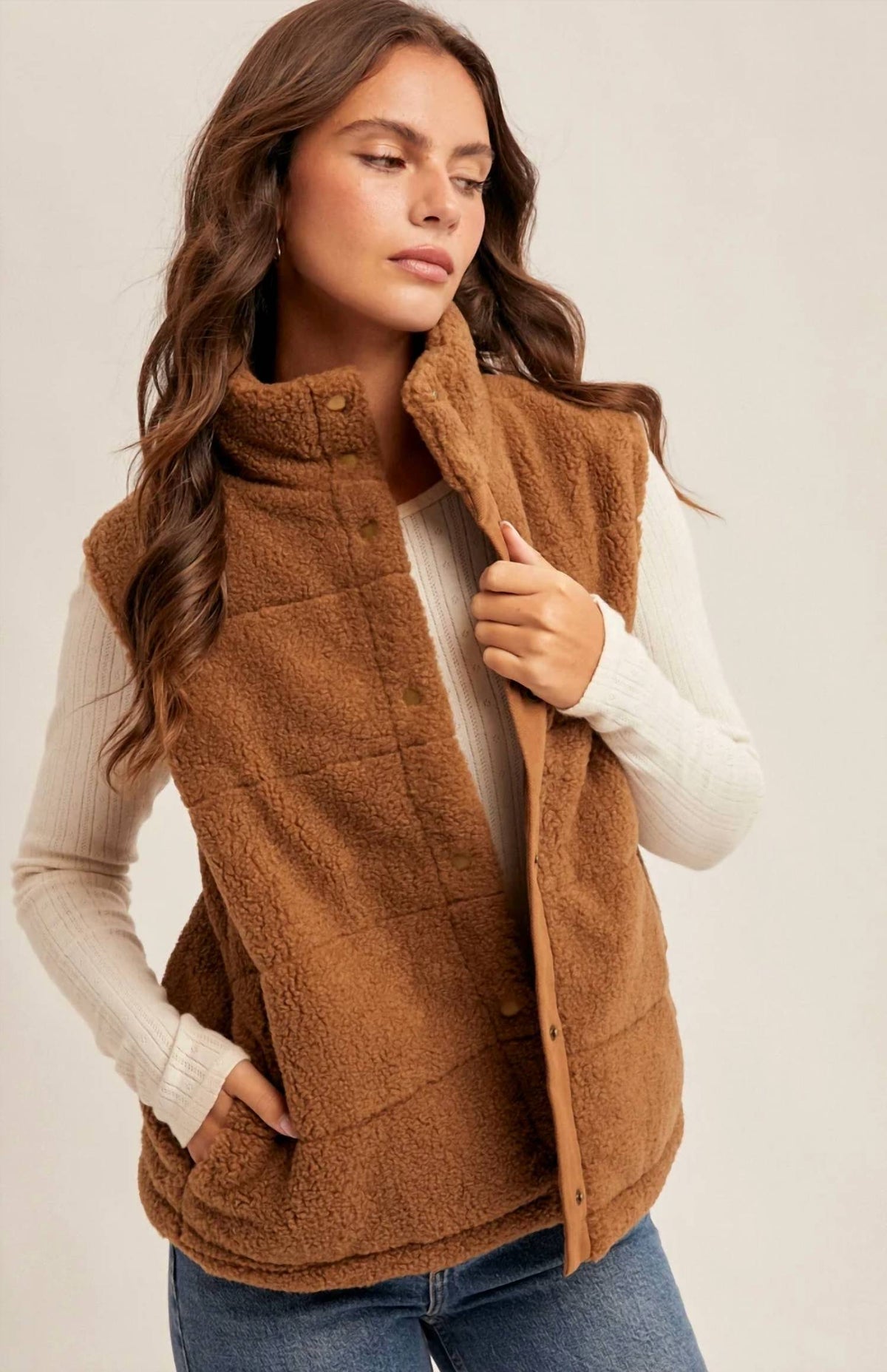 Hem & Thread - Teddy Fleece Snap Button Down Puff Vest