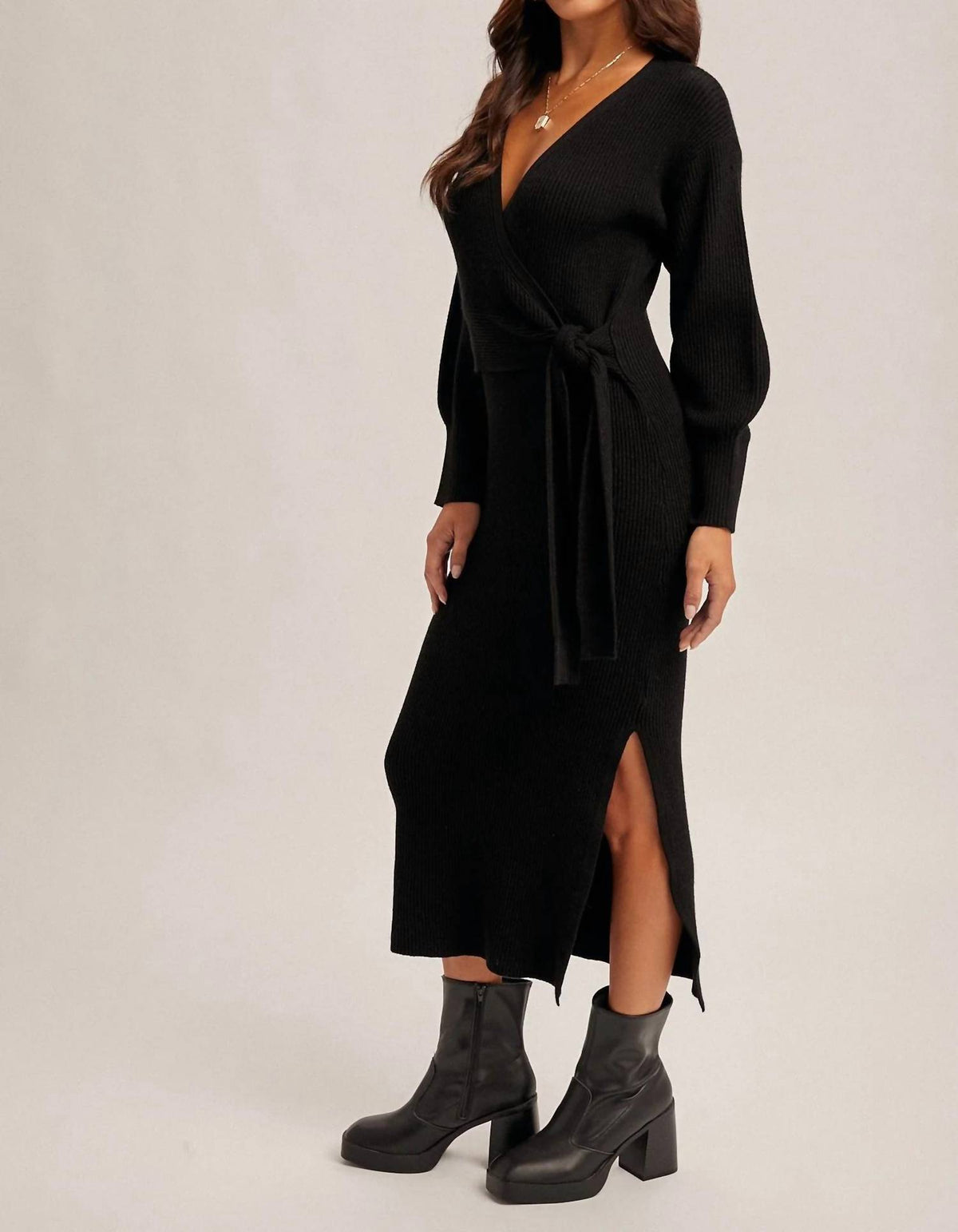 Hem & Thread - V-neck Wrap Sweater Dress