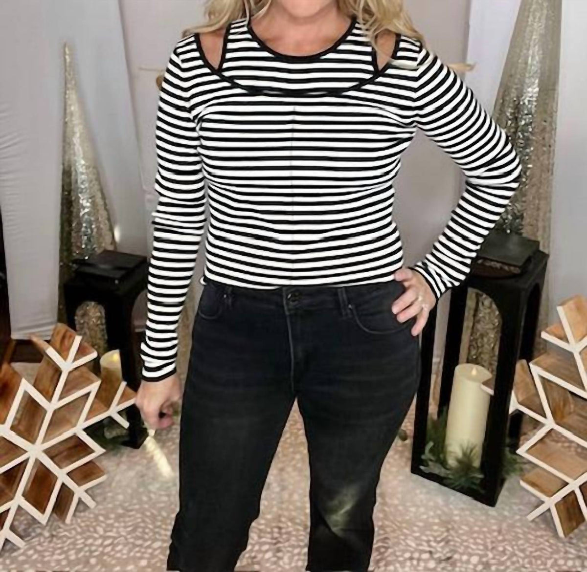 Heyson - Double Layer Striped Cold Shoulder Top