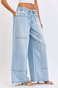 Hidden - Drawstring Utility Pocket Wide Leg Jeans