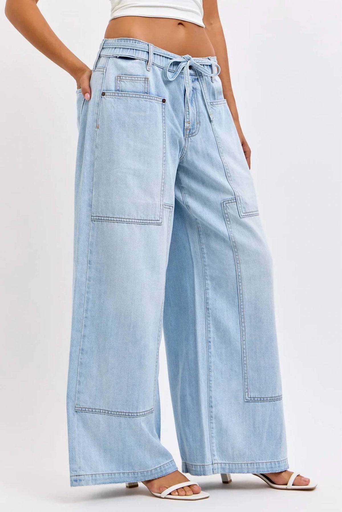 Hidden - Drawstring Utility Pocket Wide Leg Jeans