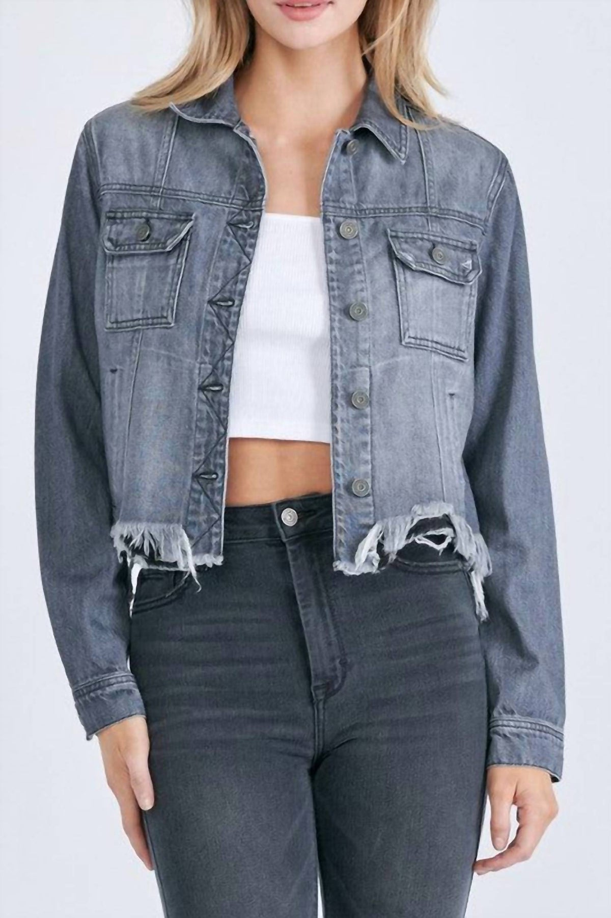 Hidden - Katy Cropped Distressed Jean Jacket