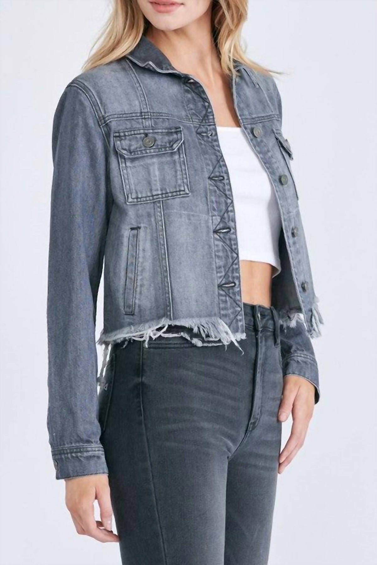 Hidden - Katy Cropped Distressed Jean Jacket