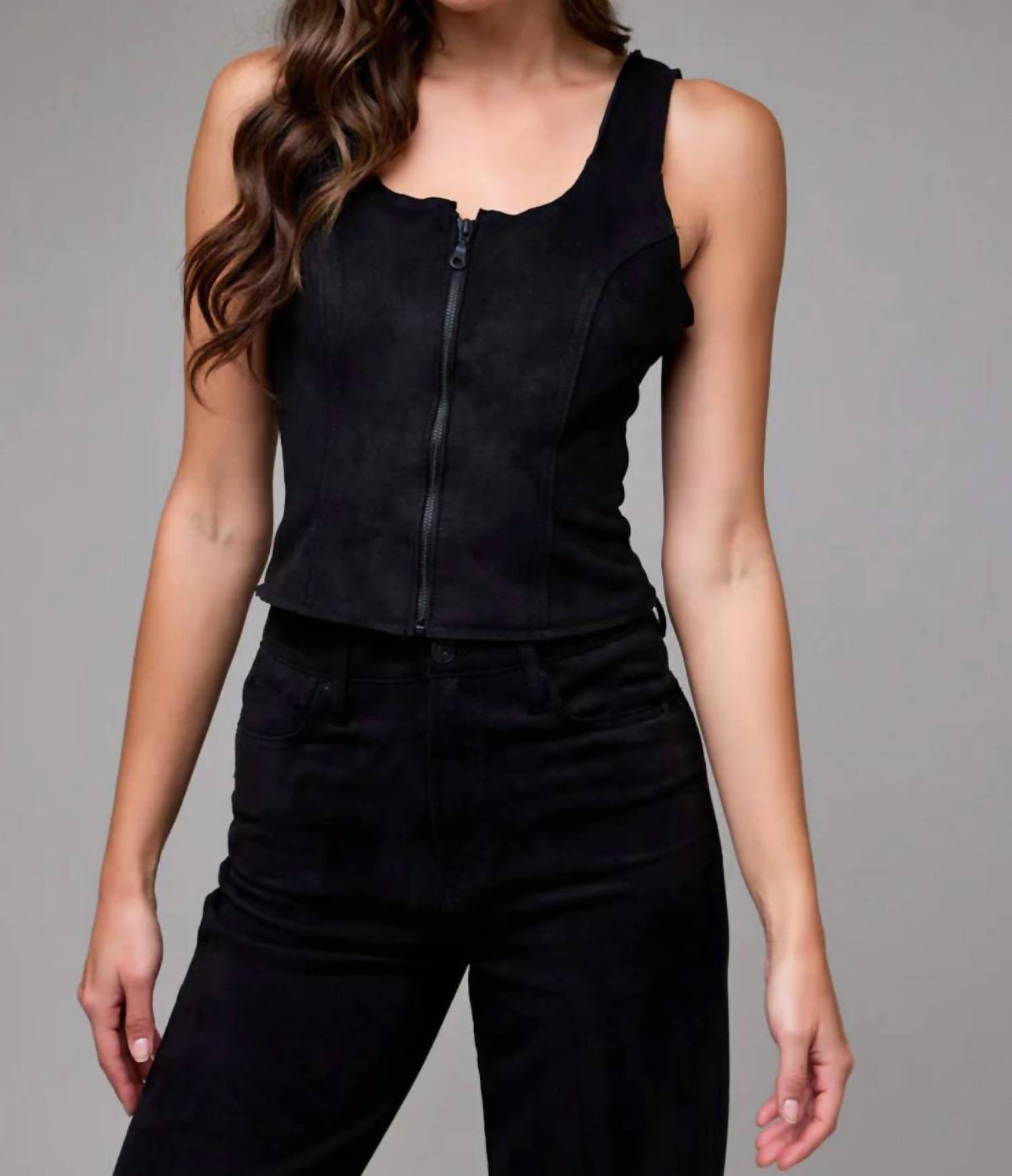Hidden - Suede Bodycon Front Zipper Top