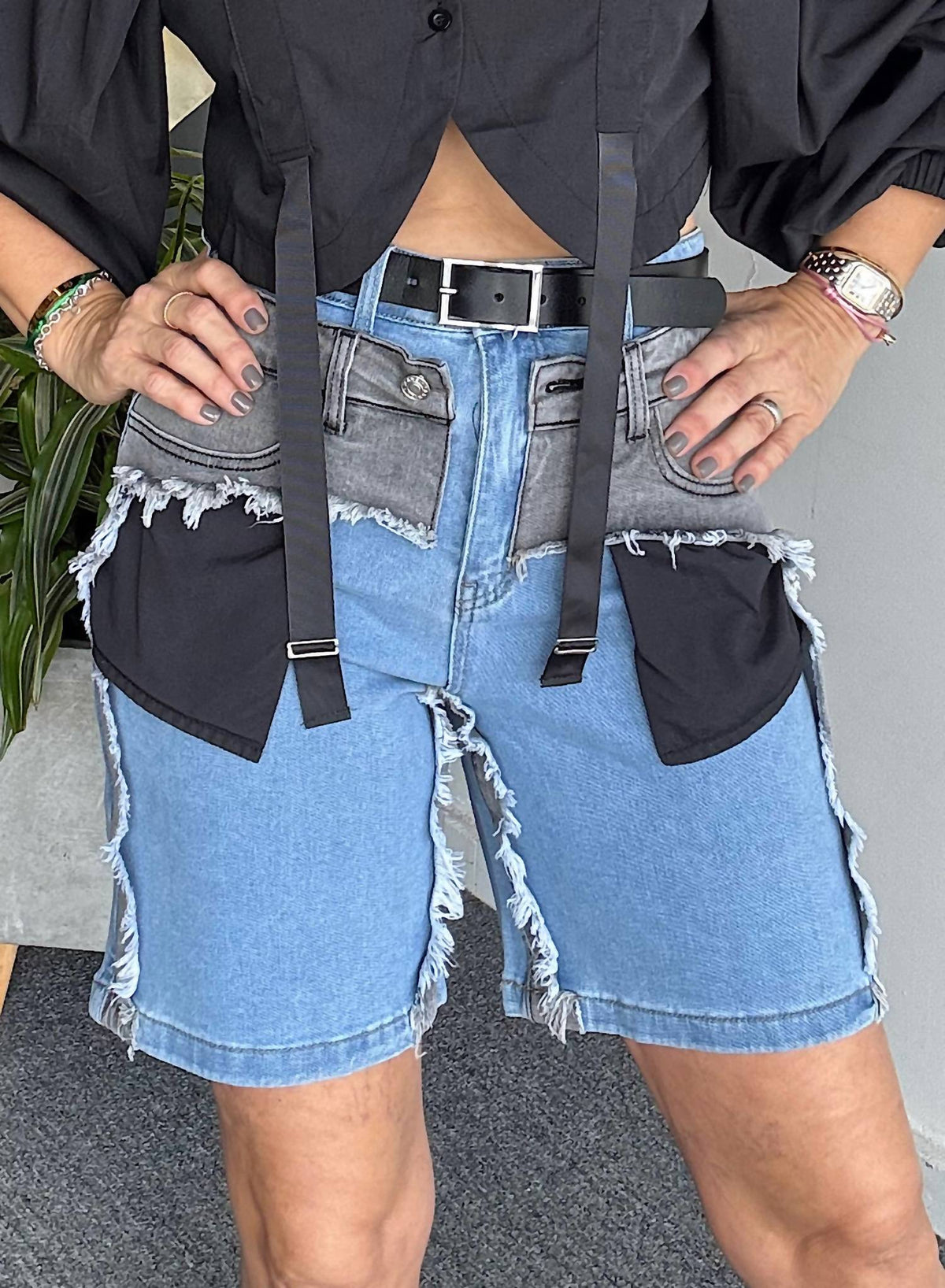 Highlight - Colorblock Patch Denim Shorts