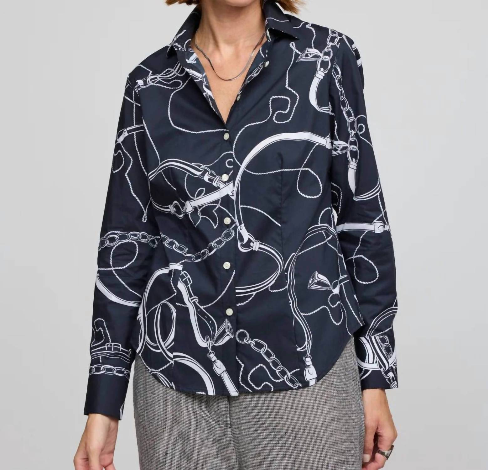 Hinson Wu - Aileen 3/4 Sleeve Equestrian Print Shirt - black - button - down - shirts - clothing
