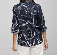 Hinson Wu - Aileen 3/4 Sleeve Equestrian Print Shirt - black - button - down - shirts - clothing