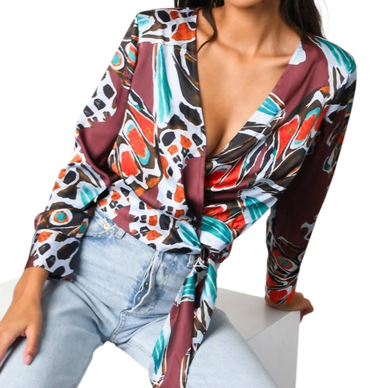 Hutch - Copper Butterfly Satin Top - clothing - patterned - shirts
